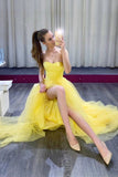 Yellow simple tulle long prom dresses strapless formal dress mg21