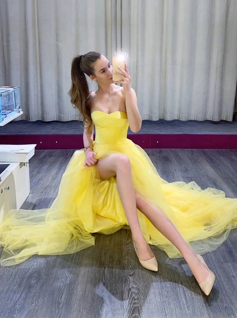 Yellow simple tulle long prom dresses strapless formal dress mg21