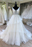 A-Line V-neck Layered Bridal Gown Lace Appliques Wedding Dress PW164