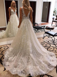 A-line Deep V-neck Sparkle Wedding Dress With Appliques PW57
