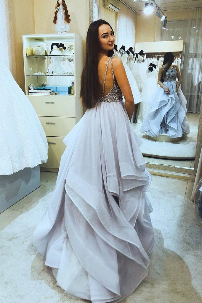 A-Line Square Neck Tulle Ruffled Backless Long Prom Dresses With Beading MP76