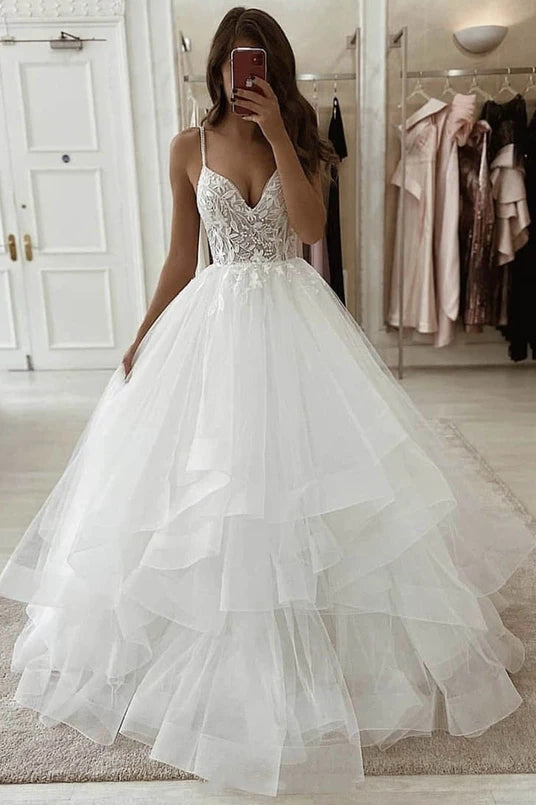 A-Line V-neck Sleeveless Wedding Dress With Beaded Appliques PW165