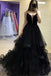Black tulle long prom dresses, black evening dress with ruffles mg176