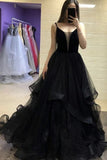 Black tulle long prom dresses, black evening dress with ruffles mg176