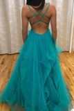 A-line v-neck prom dresses backless tiered skirt evening dress mg183