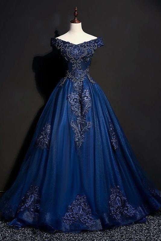 Royal Blue Long Prom Dresses With Lace Appliques, Elegant Off-Shoulder Formal Dress MP62