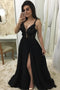 Black Long Prom Dress with Appliques, Split Black Evening Dress MG291