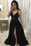 Black Long Prom Dress with Appliques, Sexy Split Black Evening Dress MG291