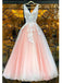 A-line V-neck Tulle Appliqued Floor Length Prom Dresses MP141