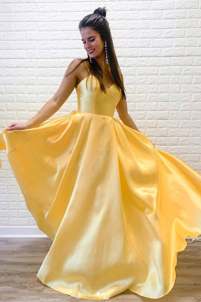 Daffodil A-line V-neck Satin Long Prom Dresses Simple Evening Dress MP78