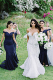 Off-the-Shoulder Satin Mermaid Dark Blue Bridesmaid Dresses PB29