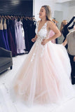 A-line V-Neck Tulle Long Prom Dresses With 3D Floral Appliques MP175