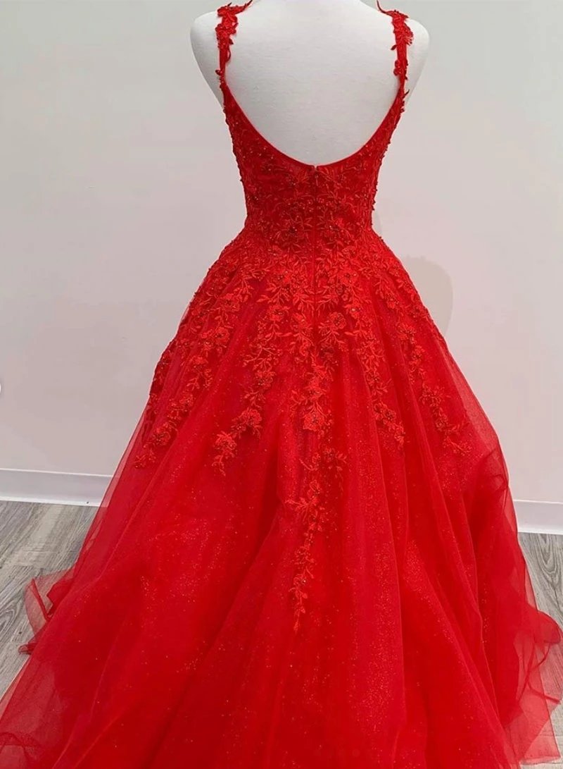 Straps Square Tulle Red Long Prom Dresses, Appliqued Beaded Formal Dress MP148