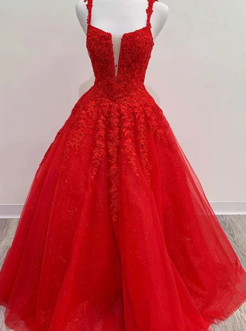 Straps Square Tulle Red Long Prom Dresses, Appliqued Beaded Formal Dress MP148