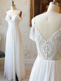 Off shoulder lace back long prom dresses, chiffon simple wedding evening dresses mg199