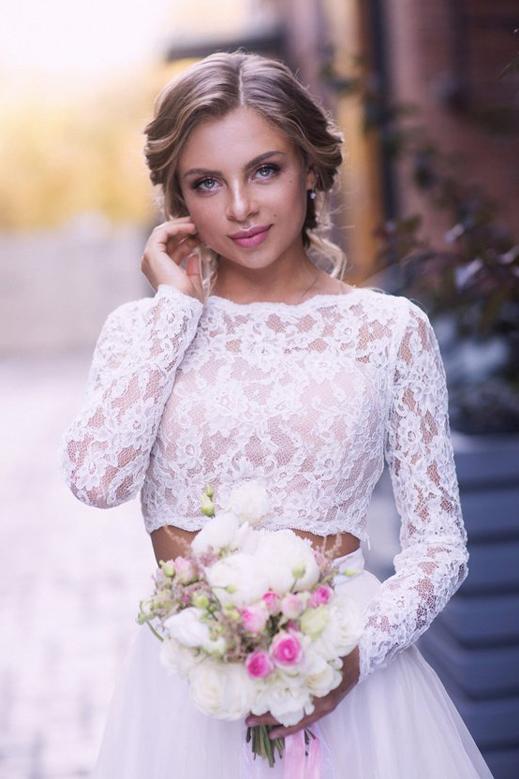 Tulle boho wedding dresses two piece lace long sleeves bridal gown mg668