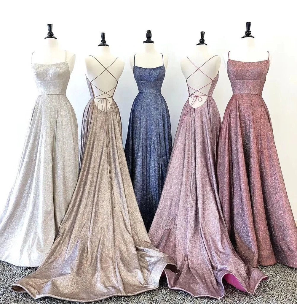 Spaghetti Straps Scoop Neck Long Prom Dresses, Backless Sleeveless Evening Gown MP58