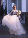 Tulle boho wedding dresses two piece lace long sleeves bridal gown mg668