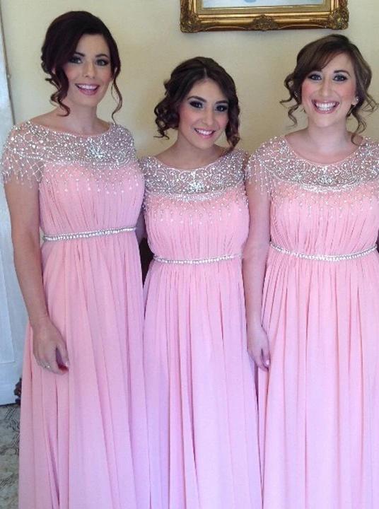 A-line scoop neckline long pink bridesmaid dresses with beading gb383