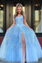 Light Blue Beaded Appliques Backless Prom Dresses With Slit MP767