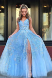 light blue beaded appliques backless prom dresses with slit