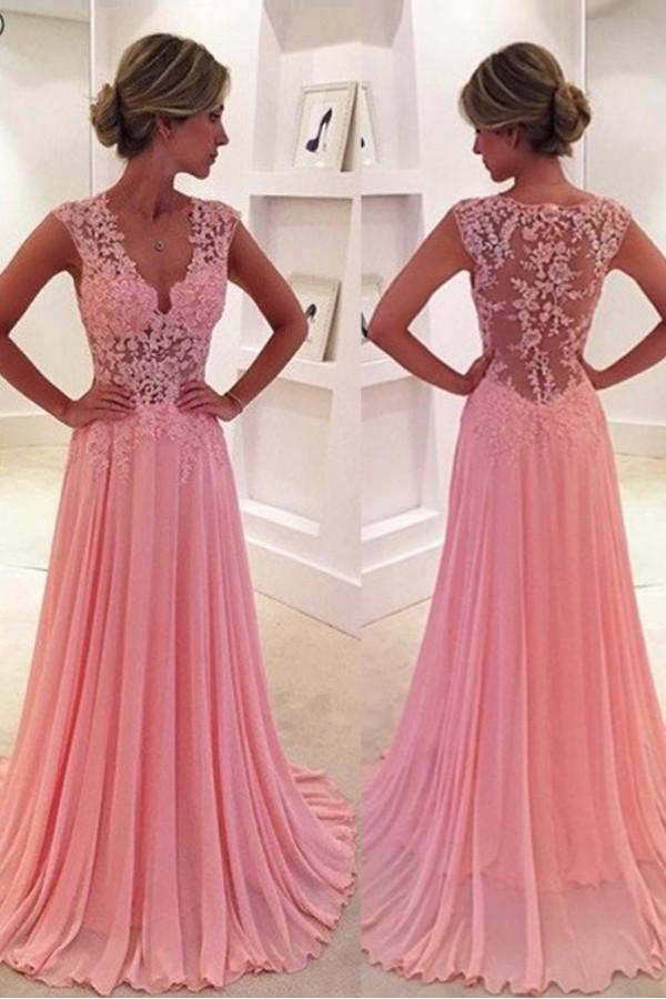 lace applique v neck pink chiffon long formal prom dress