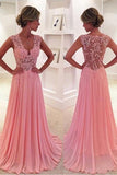 Lace Applique V-Neck Pink Chiffon Long Formal Prom Dress GP78
