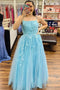 Straps Light Blue Long Prom Dress with Appliques, Plus Size A-Line Formal Gown GP255