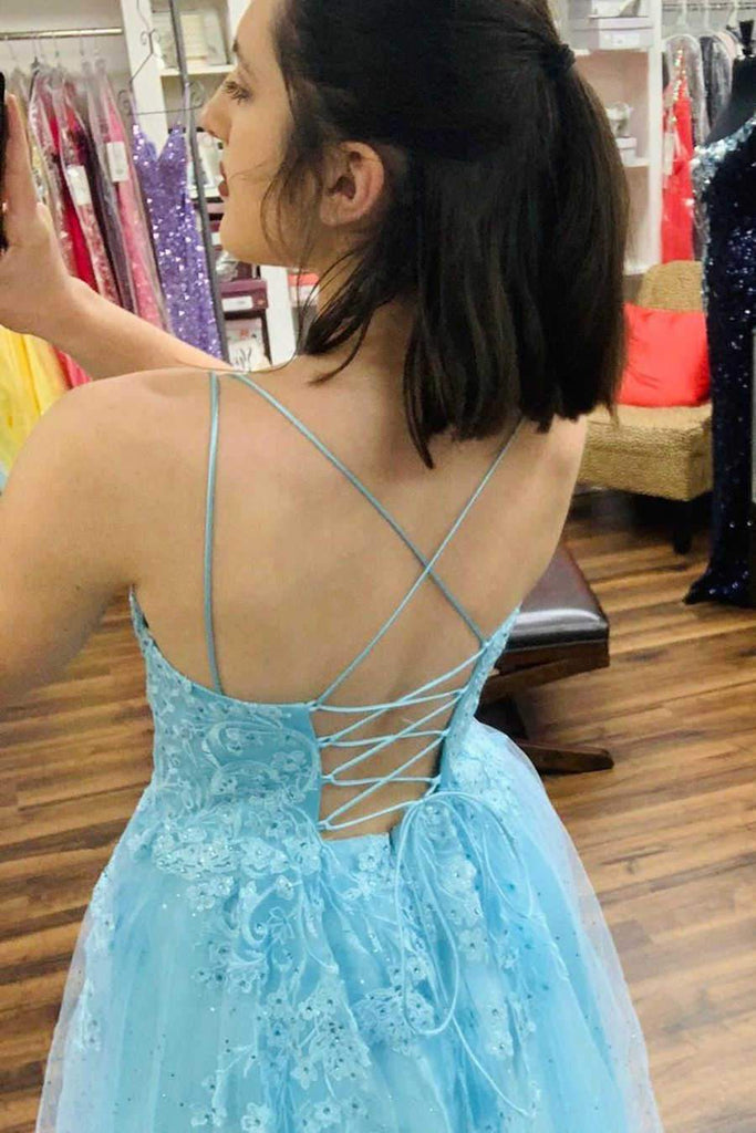 straps light blue long prom dress with appliques plus size a line formal gown