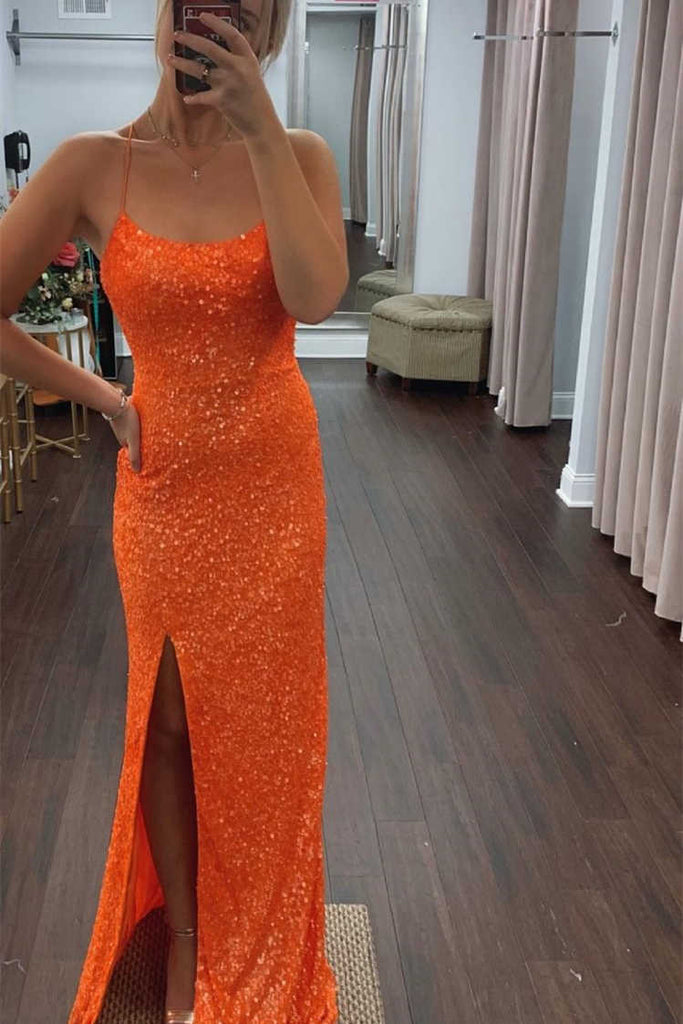 glitter orange sequins long prom dresses long evening dresses with slit