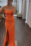Glitter Orange Sequins Long Prom Dresses, Long Evening Dresses with Slit GP398