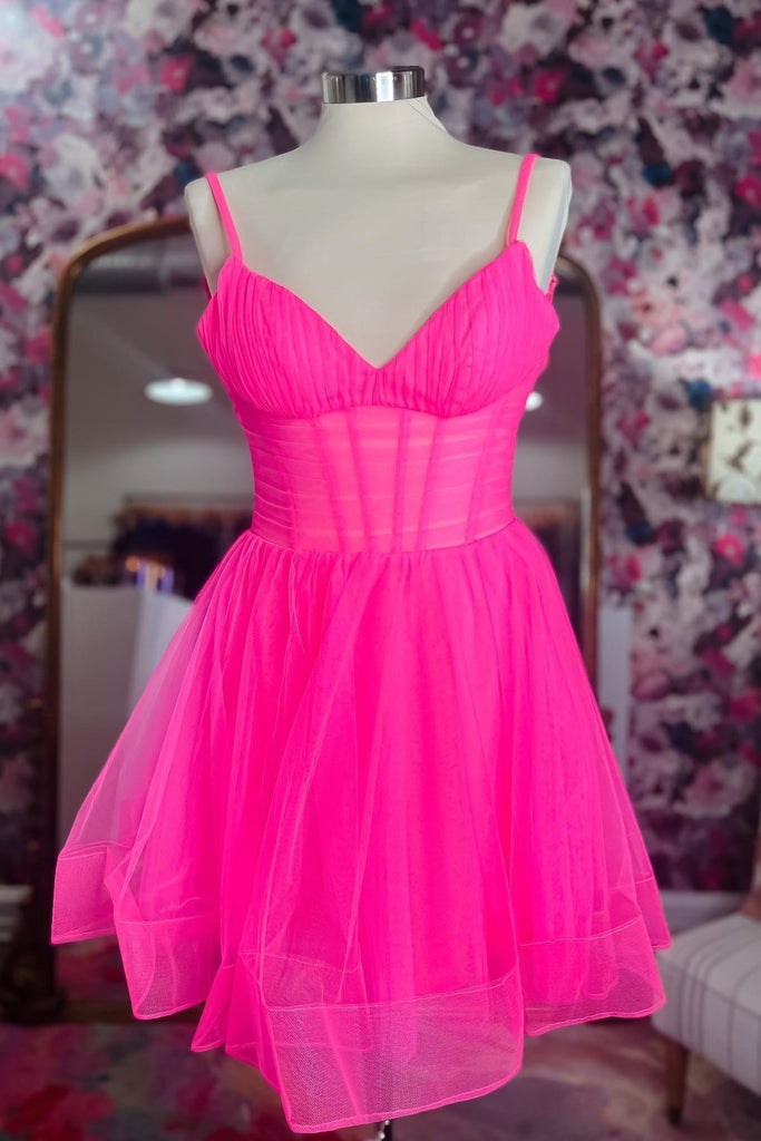 new short a line v neck hot pink tulle homecoming dresses