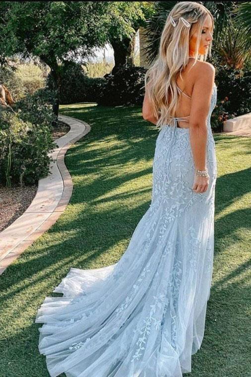mermaid light sky blue long floral prom dresses backless tulle formal gown