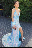 Light Blue Sequin V-Neck Backless Mermaid Long Formal Dress GP224