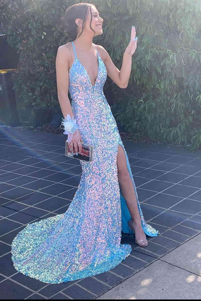 light blue sequin v neck backless prom dress mermaid long formal dress