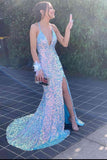 Light Blue Sequin V-Neck Backless Mermaid Long Formal Dress GP224