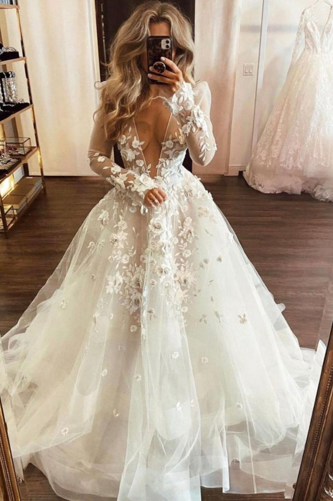 beautiful lace applique long sleeves v neck sheer boho wedding dresses