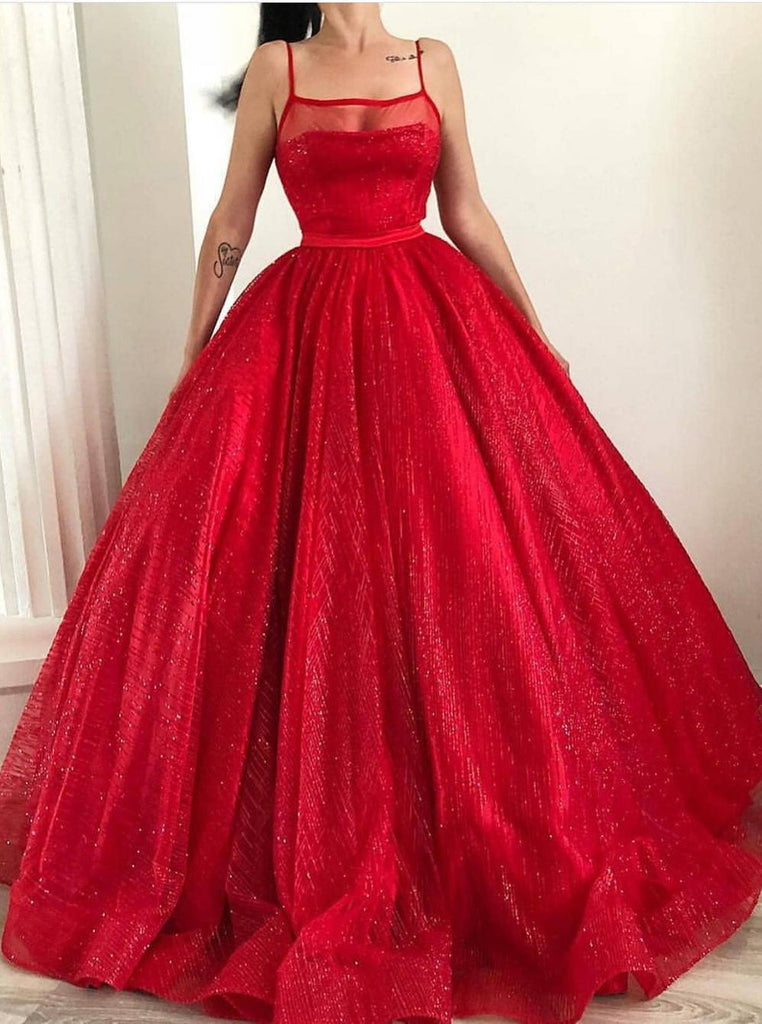 Spaghetti-straps square sparkly red tulle ball gown long prom dresses mg258