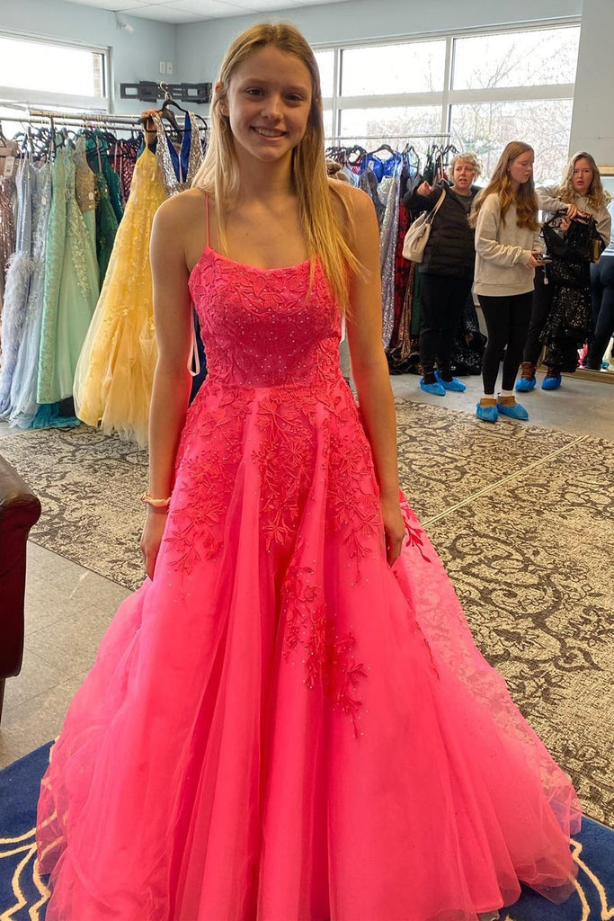hot pink tulle lace applique long prom dresses a line graduation gown