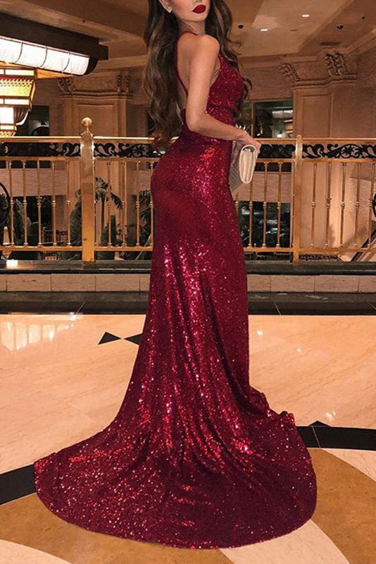 sequins burgundy prom dress backless mermaid evening gown with slit
