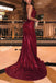sequins burgundy prom dress backless mermaid evening gown with slit