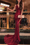 Sequins Burgundy Prom Dress Backless Mermaid Evening Gown With Slit MP847