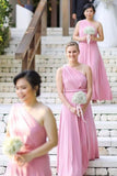 Flowy One-Shoulder Floor Length Pink Bridesmaid Dresses PB73