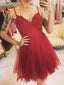 Dark Red V-neck Lace Tulle Graduation Homecoming Dresses GM383