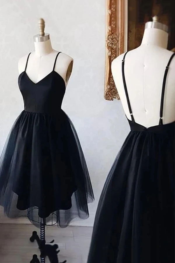 a line black short homecoming dress simple spaghetti strap tulle party gown