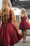 a line v neck burgundy satin homecoming dresses with appliques