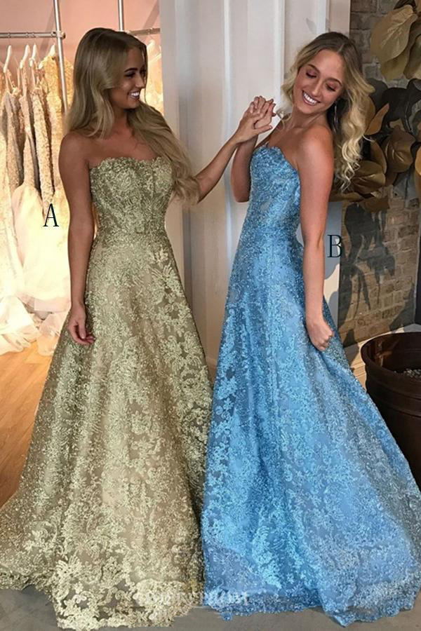 a line strapless prom dresses gold lace backless party dress