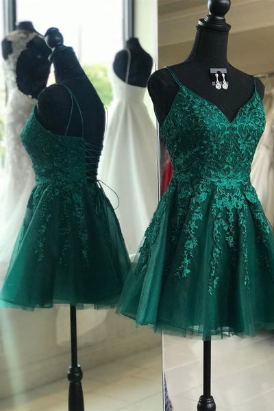 Emerald Green Homecoming Dress A-line V-neck Backless Short Prom Dress MyGirlProm.com Emerald Green Homecoming Dress A-line V-neck Backless Short Prom Dress MyGirlProm.com