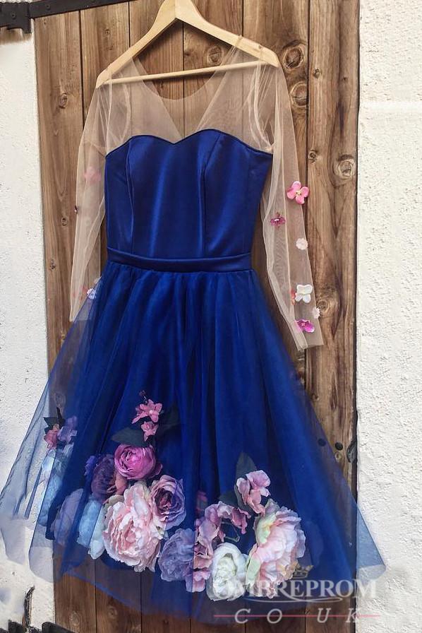 Blue Short Prom Dresses Long Sleeve Homecoming Dress With 3D Appliques GM17