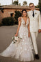 A-Line V-Neck Rustic Wedding Dress, Boho Appliques Wedding Gown PW313